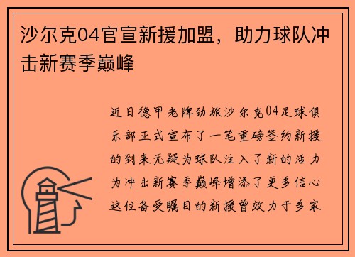 沙尔克04官宣新援加盟，助力球队冲击新赛季巅峰