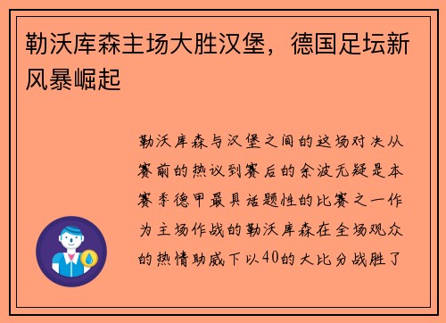 勒沃库森主场大胜汉堡，德国足坛新风暴崛起